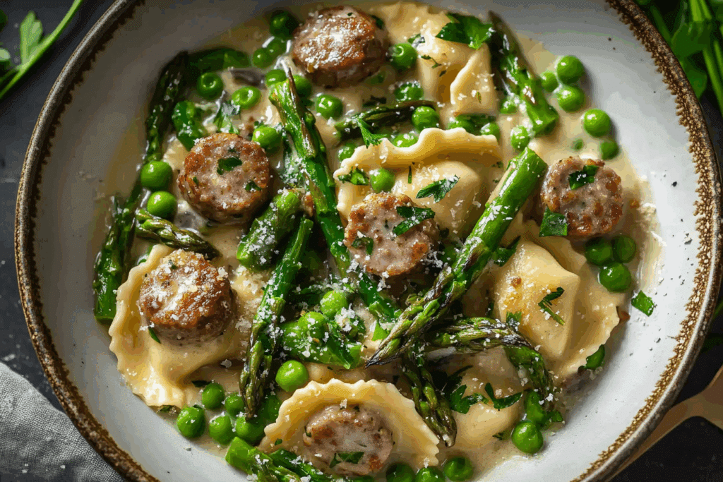 Creamy Asparagus Ravioli with Sausage and Peas