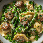 Creamy Asparagus Ravioli with Sausage and Peas