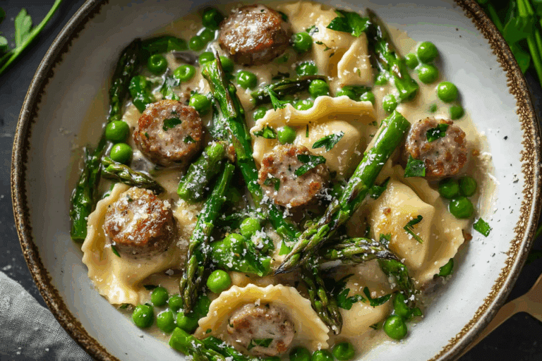 Creamy Asparagus Ravioli with Sausage and Peas