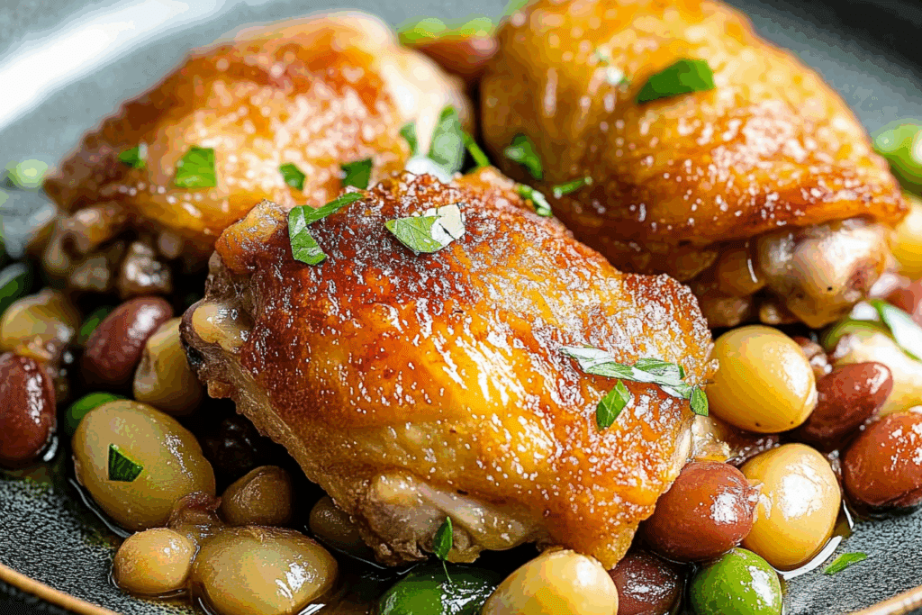 Crispy Chicken Thighs Over Vinegar Beans