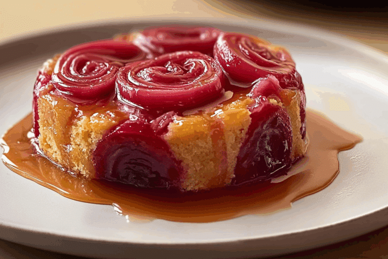 Upside-Down Rhubarb Cake with Caramel Swirls