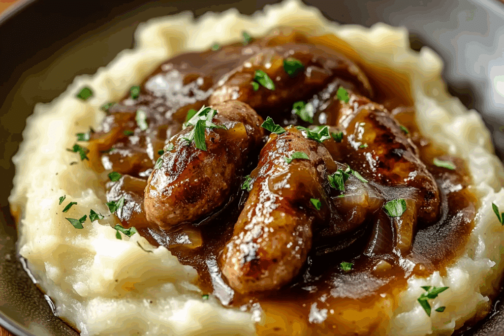 Bangers and Mash with Stout Onion Gravy