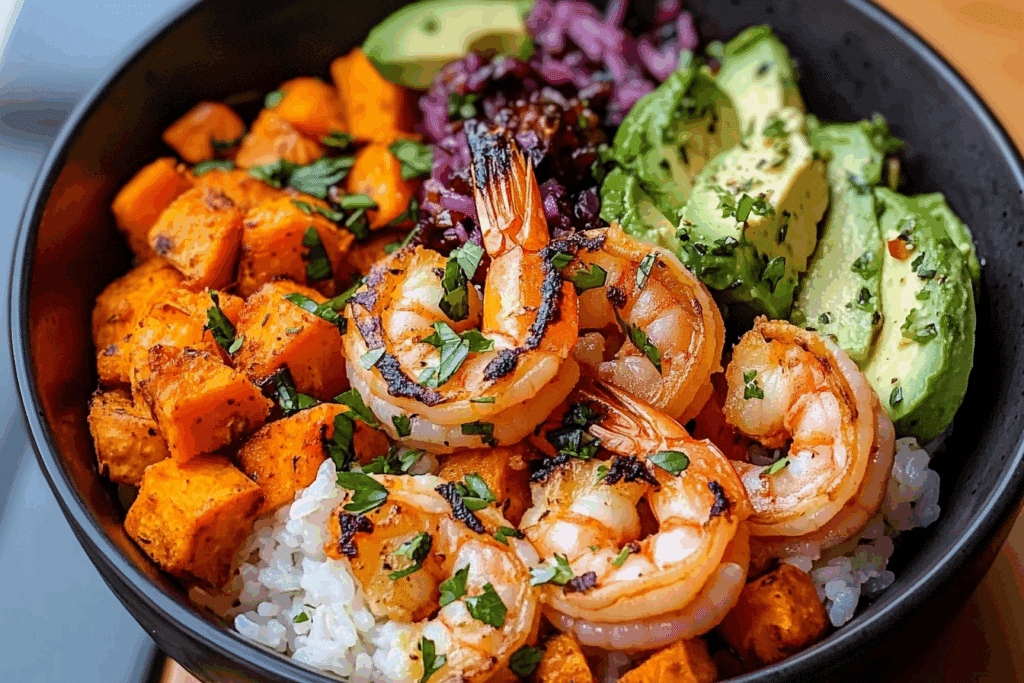 Coconut Garlic Shrimp & Sweet Potato Rice Bowl