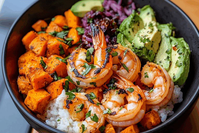 Coconut Garlic Shrimp & Sweet Potato Rice Bowl