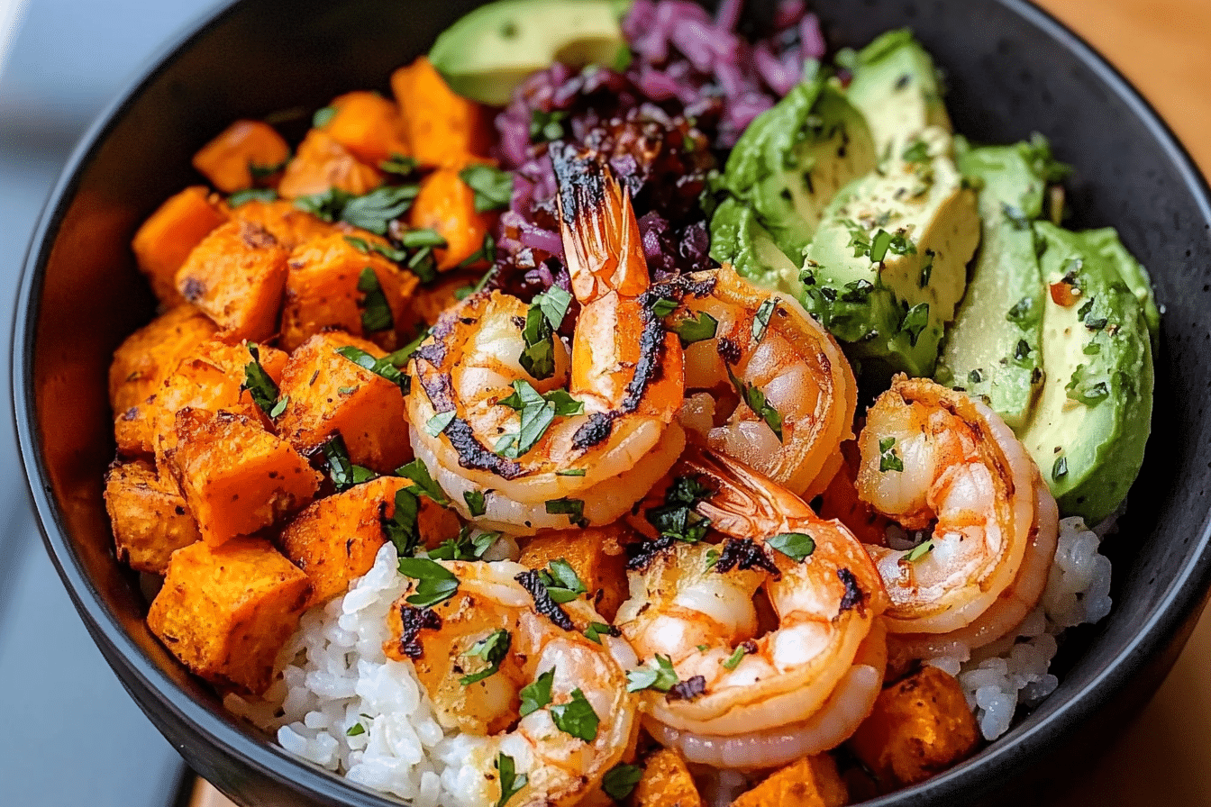Coconut Garlic Shrimp & Sweet Potato Rice Bowl