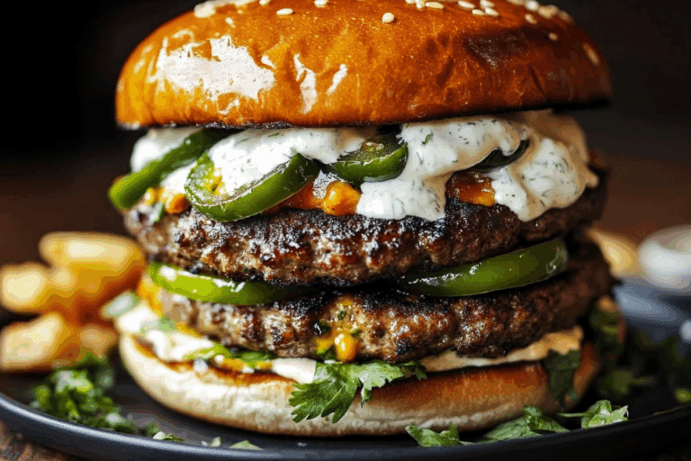 Double-Decker Jalapeño Popper Smash Burgers with Ranch Drizzle