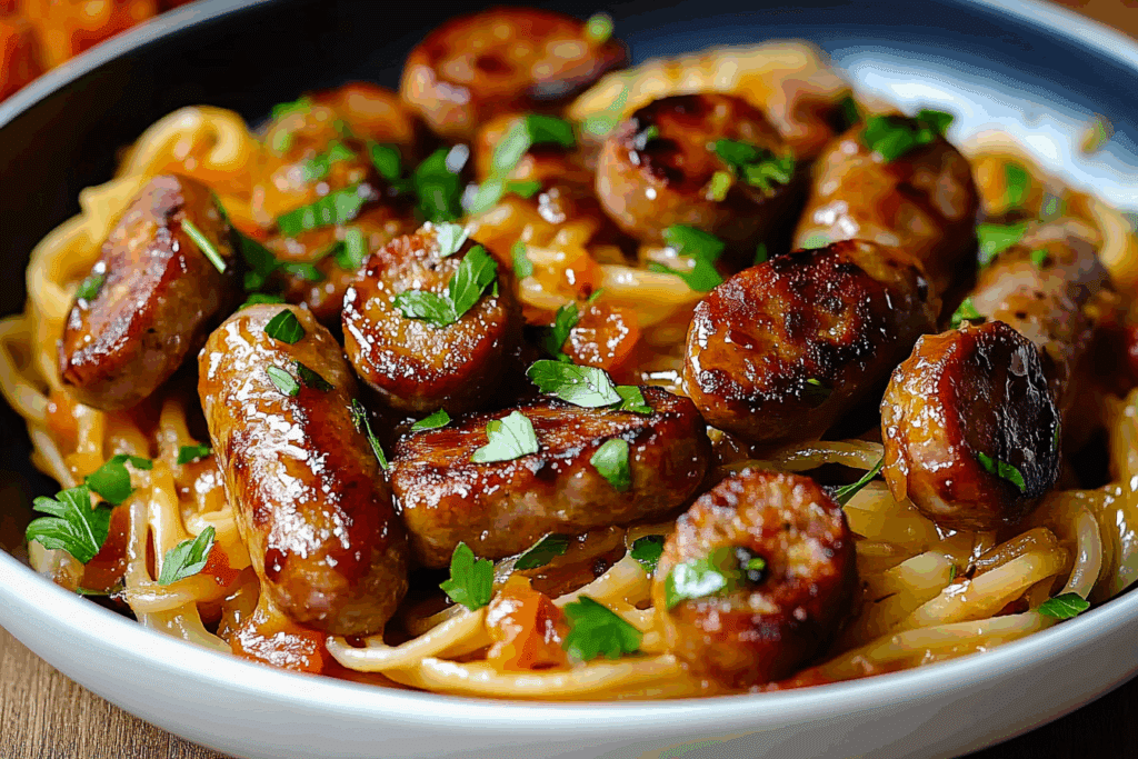 Sticky Honey Garlic Sausage Pasta