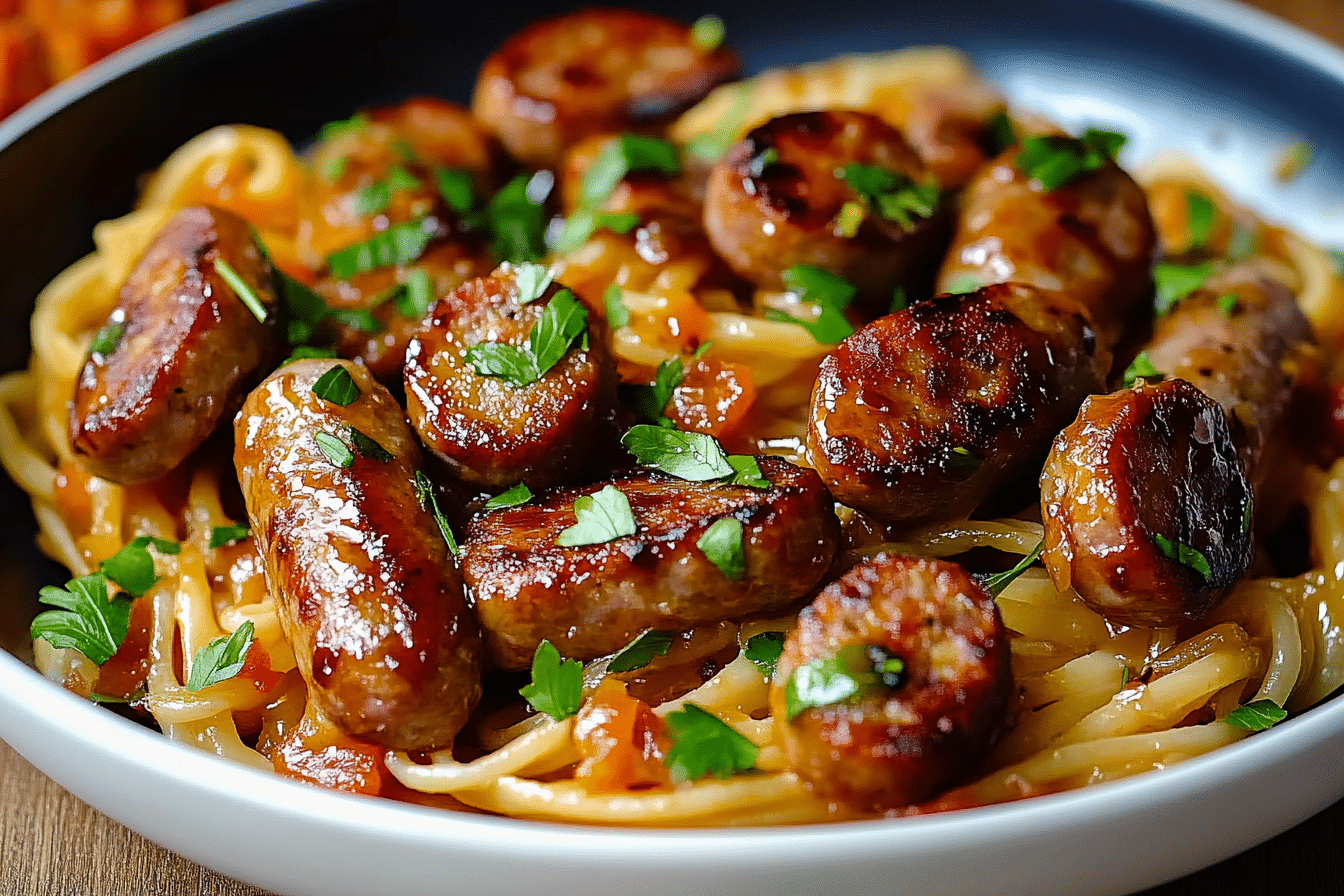 Sticky Honey Garlic Sausage Pasta