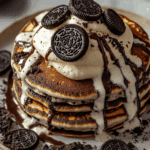 Oreo Pancakes with Cream Cheese Drizzle