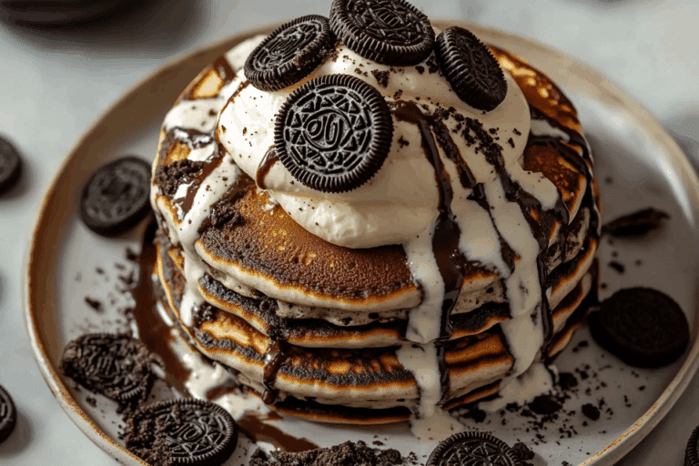 Oreo Pancakes with Cream Cheese Drizzle