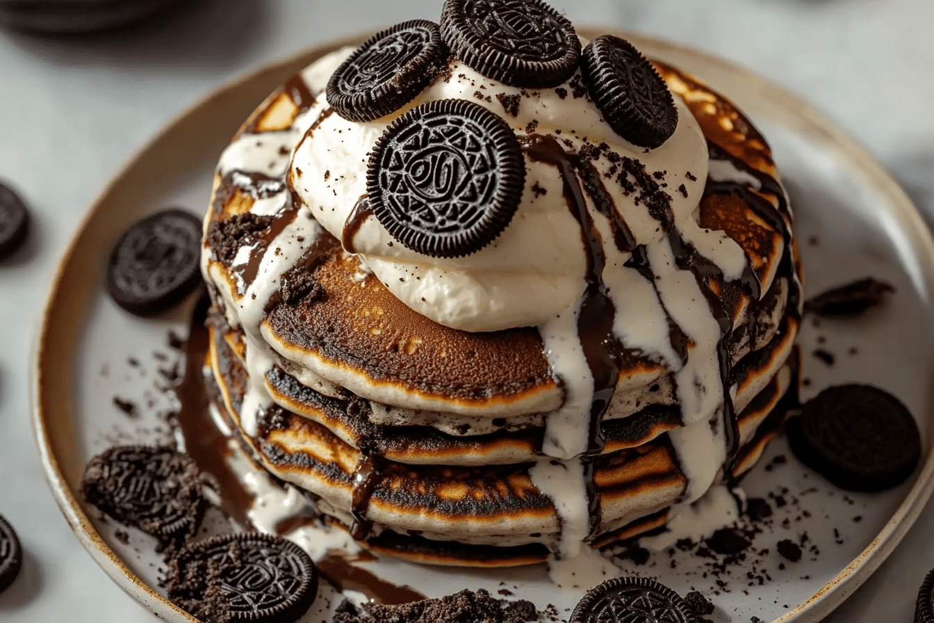 Oreo Pancakes with Cream Cheese Drizzle