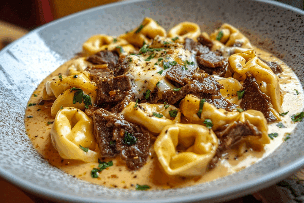 Cheesesteak Tortellini in Creamy Provolone Pepper Sauce