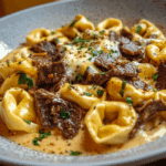 Cheesesteak Tortellini in Creamy Provolone Pepper Sauce