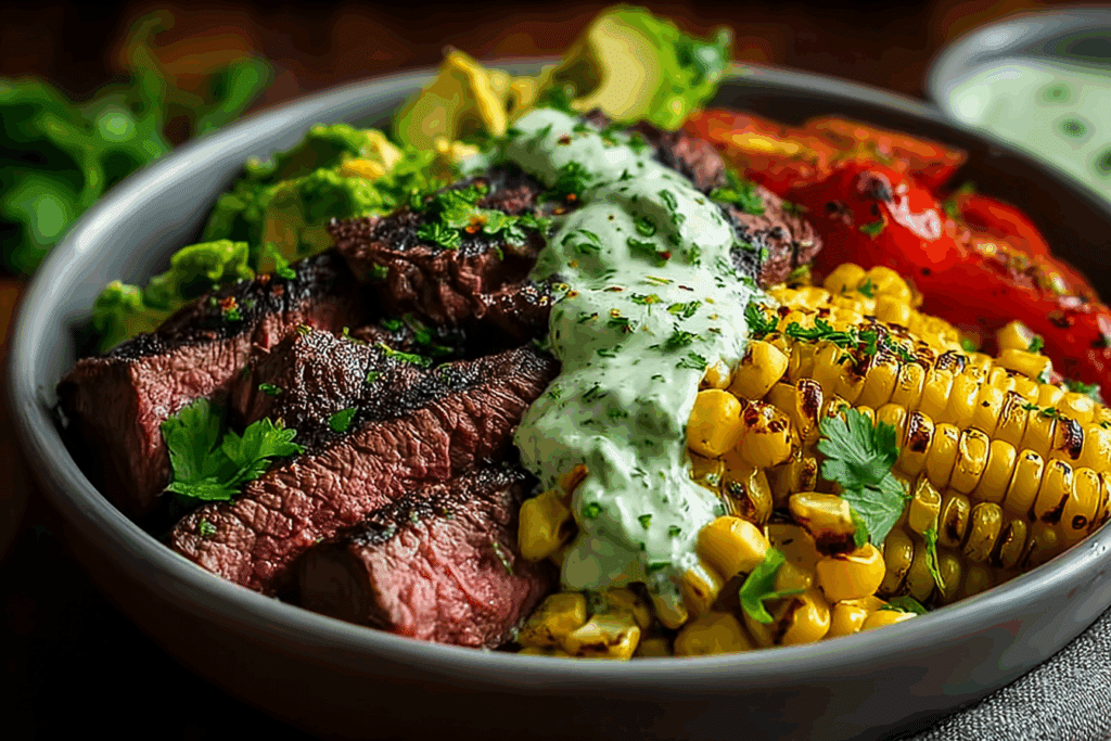 Steak, Avocado, and Roasted Corn Bowl with Cilantro Cream Sauce