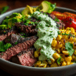 Steak, Avocado, and Roasted Corn Bowl with Cilantro Cream Sauce