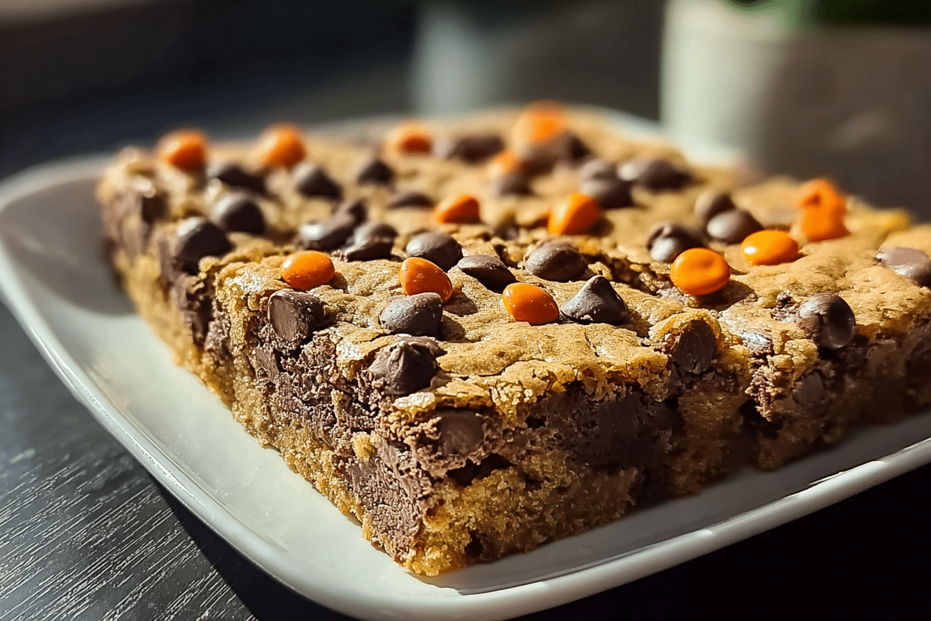 Reece’s Pieces Chocolate Chip Cookie Bars