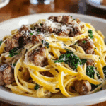 Cheesy Garlic Butter Linguine with Beef, Sausage and Spinach