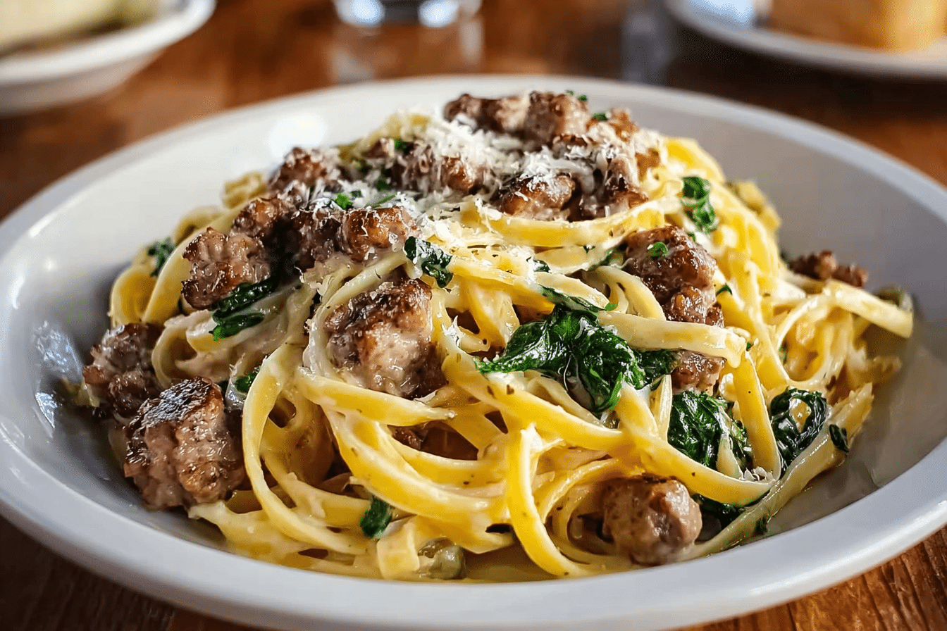 Cheesy Garlic Butter Linguine with Beef, Sausage and Spinach
