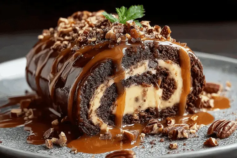 Gooey Chocolate Caramel Turtle Cake Roll