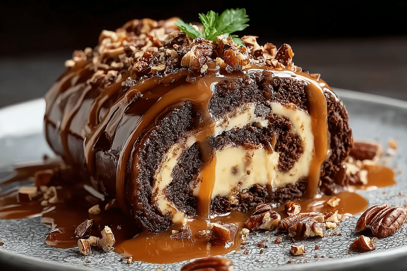 Gooey Chocolate Caramel Turtle Cake Roll