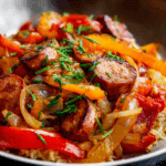 Sausage, Onion, Bell Peppers & Tomatoes Over Rice