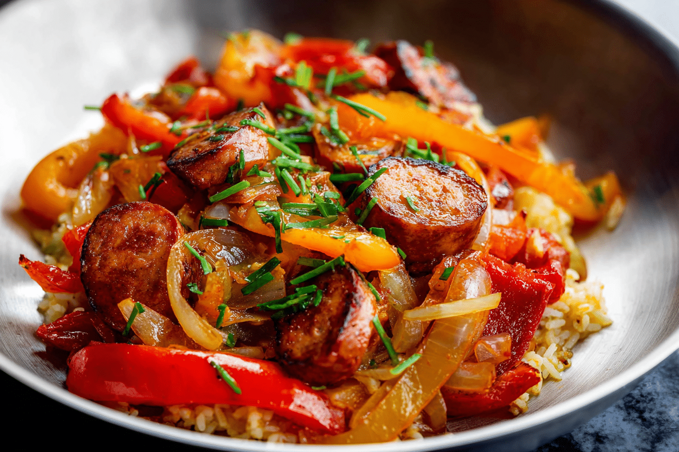 Sausage, Onion, Bell Peppers & Tomatoes Over Rice