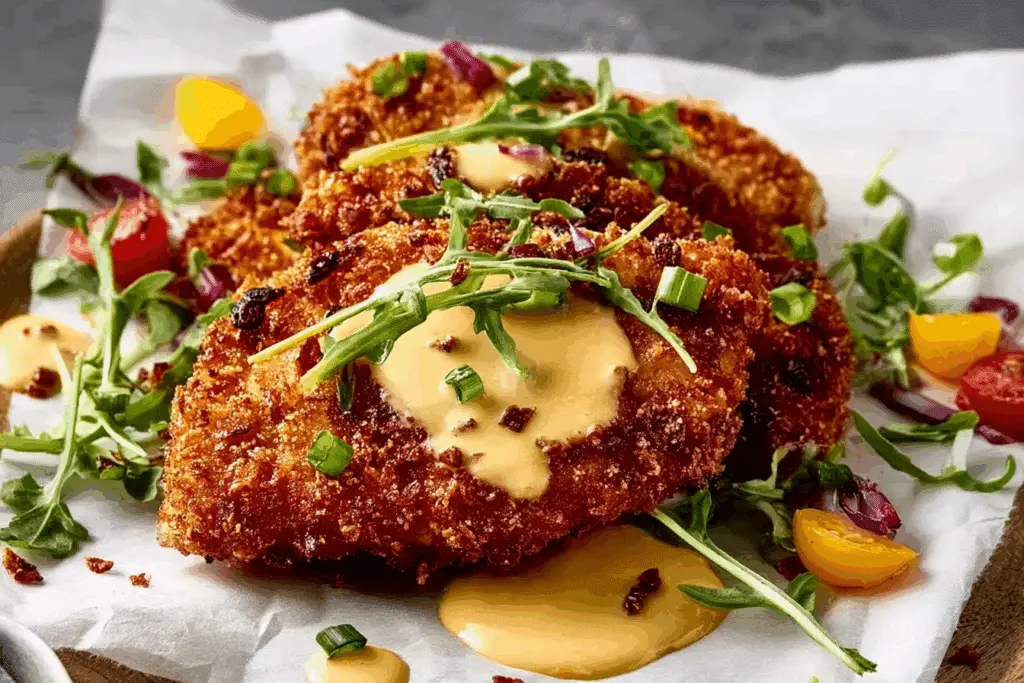 Pretzel-Crusted Chicken with Creamy Mustard Cheddar Sauce