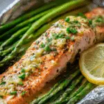 Baked Salmon in Foil with Asparagus & Lemon Garlic Butter Sauce