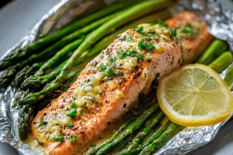 Baked Salmon in Foil with Asparagus & Lemon Garlic Butter Sauce