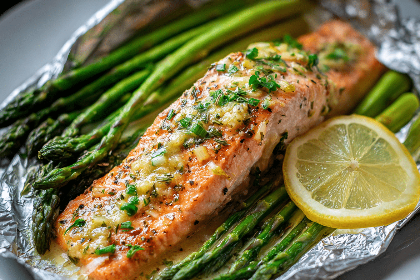 Baked Salmon in Foil with Asparagus & Lemon Garlic Butter Sauce