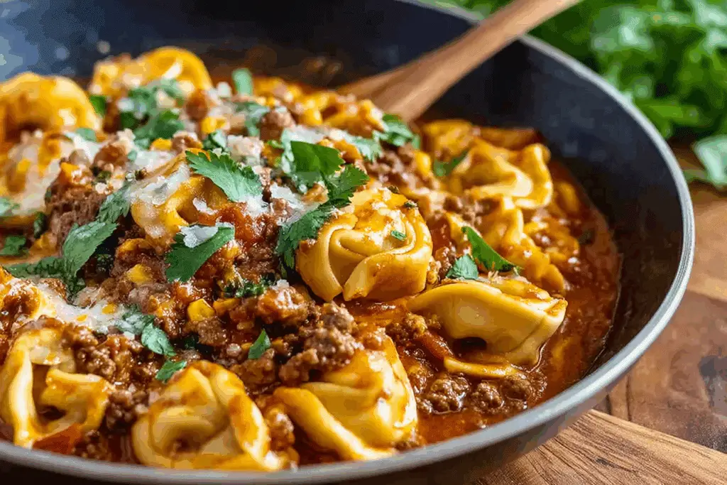 One-Pot Cheesy Enchilada Tortellini with Beef