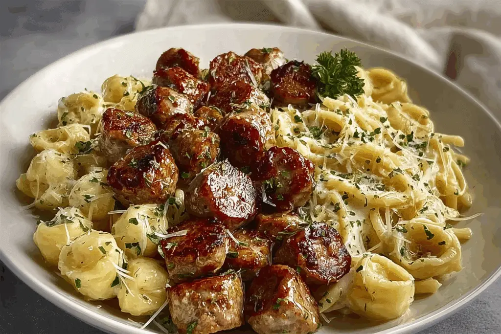 Garlic Butter Sausage Bites with Creamy Parmesan Pasta