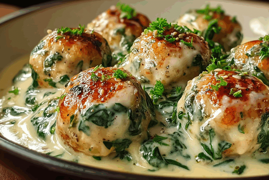 Baked Chicken Ricotta Meatballs with Spinach Alfredo Sauce