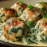 Baked Chicken Ricotta Meatballs with Spinach Alfredo Sauce