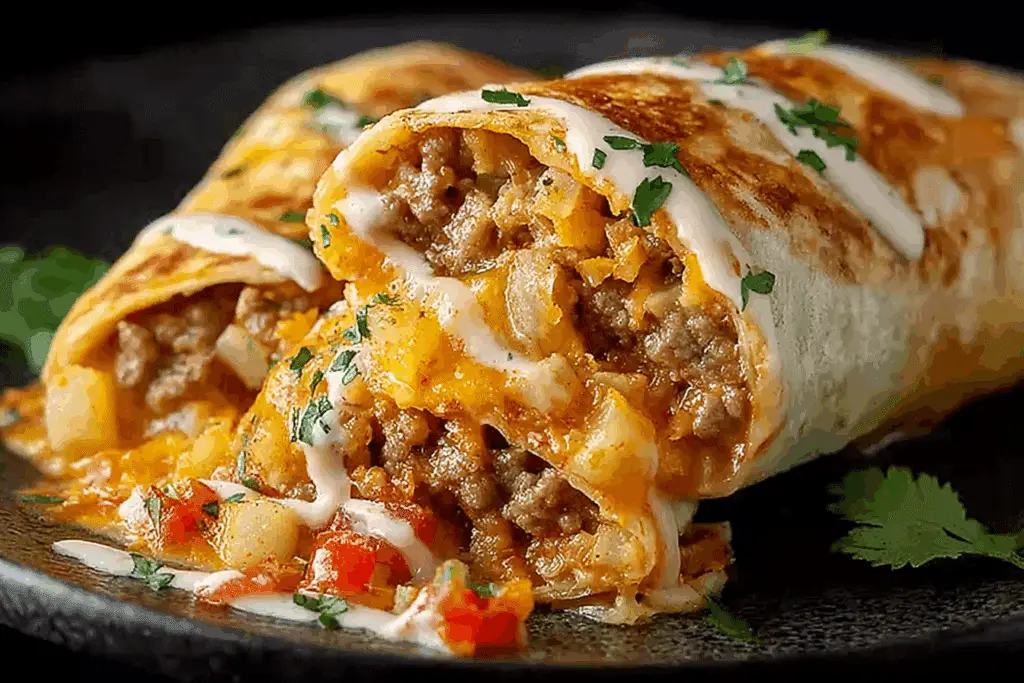 Cheesy Beef & Potato Burritos with Nacho Sauce