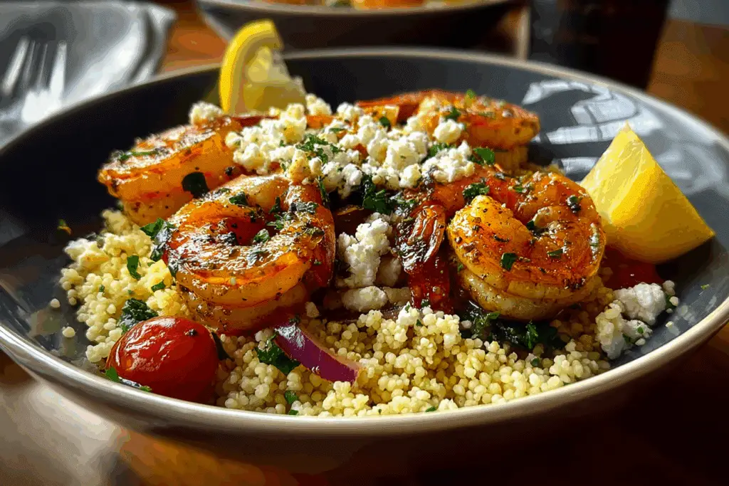 Lemon Garlic Shrimp Bowls with Feta Couscous