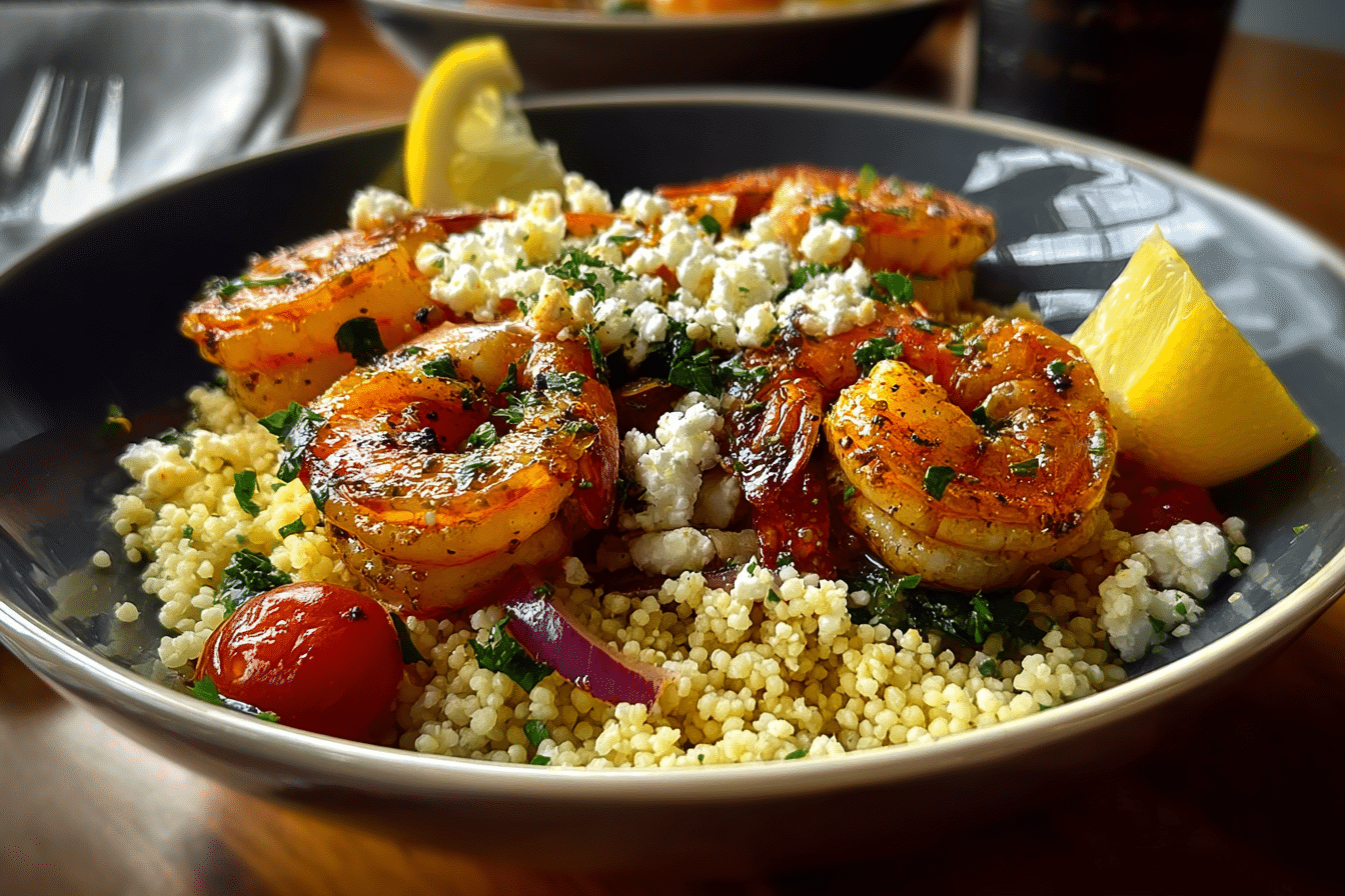 Lemon Garlic Shrimp Bowls with Feta Couscous