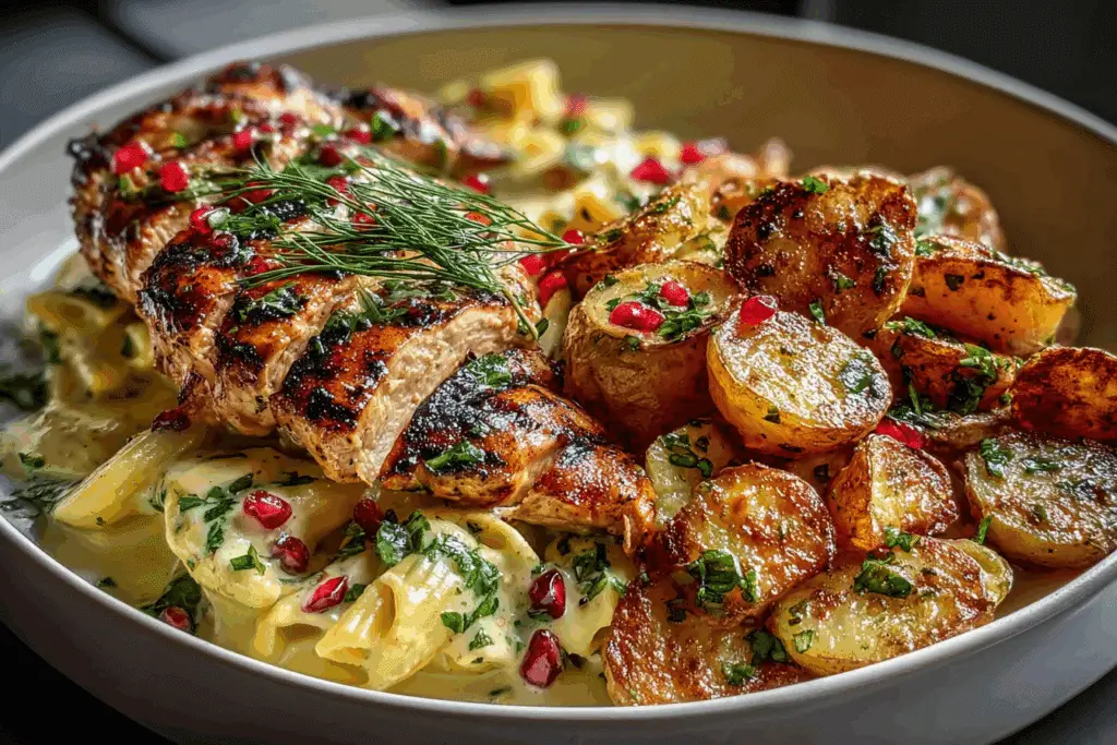 Char-Grilled Chicken Bowl with Garlic Cream Pasta & Crispy Herb Potatoes
