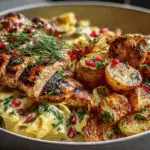 Char-Grilled Chicken Bowl with Garlic Cream Pasta & Crispy Herb Potatoes