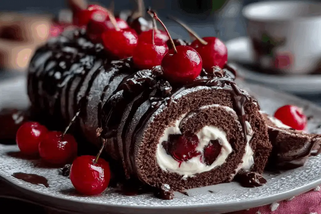 Chocolate Cherry Roll Cake Delight