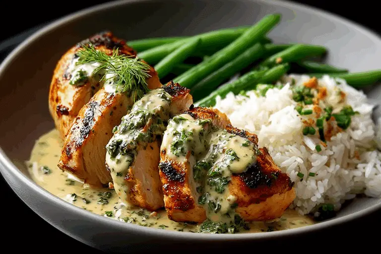 Epic Grilled Chicken with Creamy Herb Sauce, Rice & Green Beans