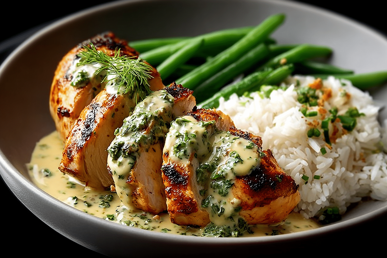Epic Grilled Chicken with Creamy Herb Sauce, Rice & Green Beans