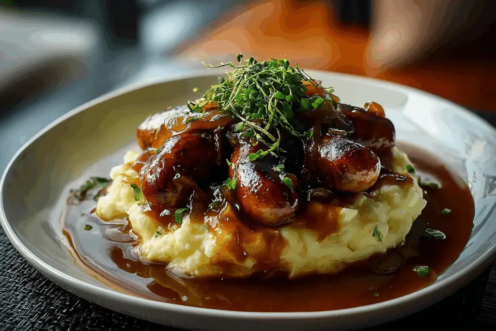 BANGERS AND MASH WITH ONION GRAVY