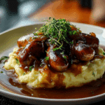 BANGERS AND MASH WITH ONION GRAVY