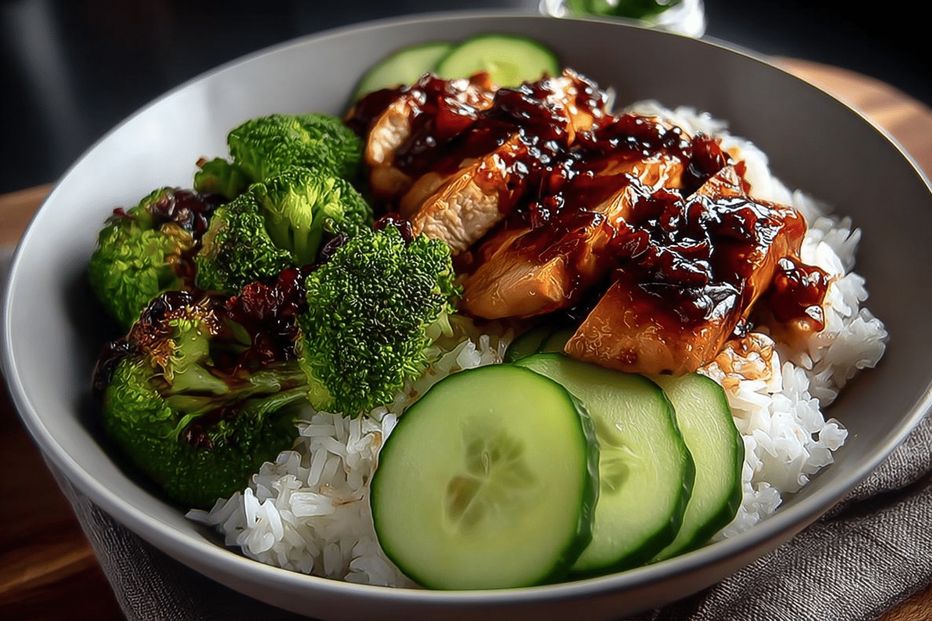 Sweet & Savory Teriyaki Chicken Bowl with Rice, Broccoli & Crisp Cucumber