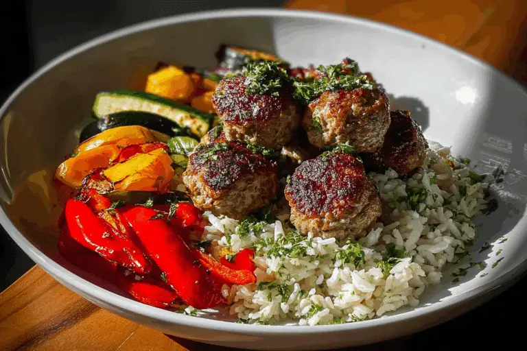 Spiced Meatball Bowl with Lemon Herb Rice & Roasted Veggies