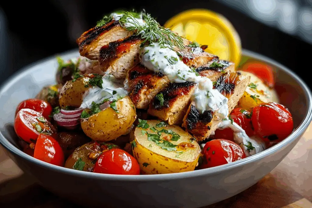 Grilled Chicken Bowl with Roasted Potatoes, Burst Tomatoes & Creamy Lemon Tzatziki