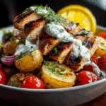 Grilled Chicken Bowl with Roasted Potatoes, Burst Tomatoes & Creamy Lemon Tzatziki