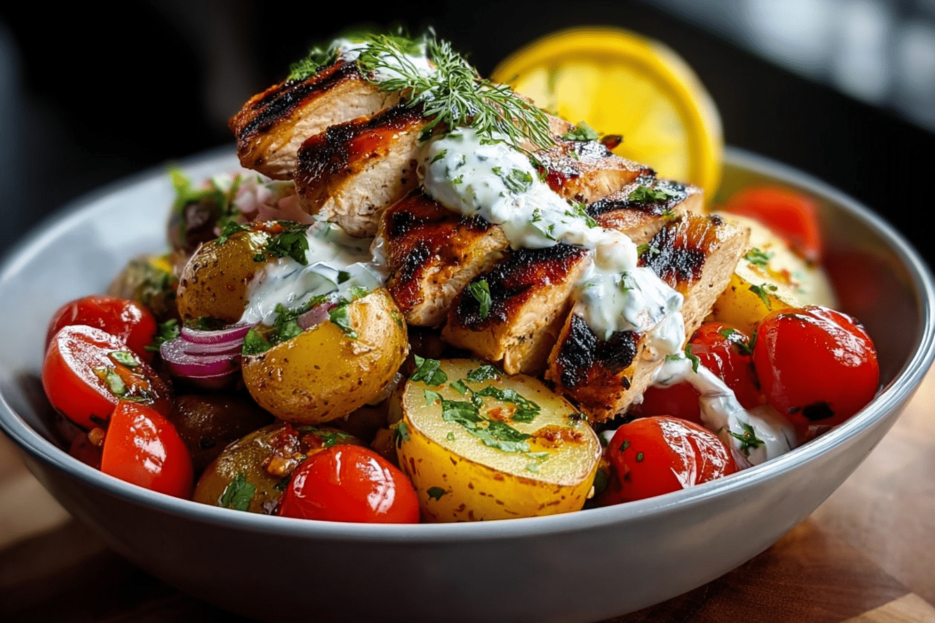 Grilled Chicken Bowl with Roasted Potatoes, Burst Tomatoes & Creamy Lemon Tzatziki