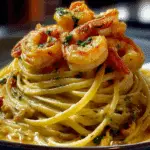 Creamy Cheddar Sauced Linguine & Shrimp